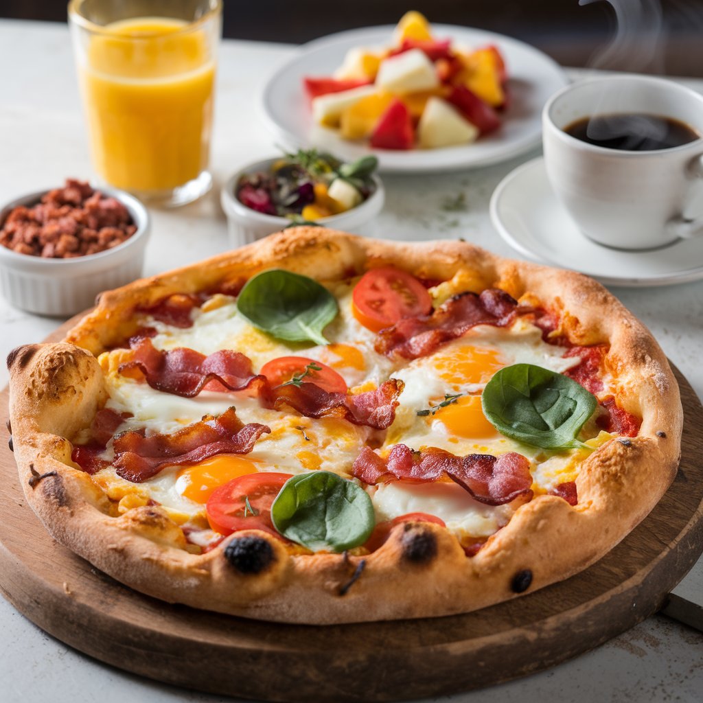 A freshly baked breakfast pizza with a golden-brown crust, topped with scrambled eggs, melted mozzarella and cheddar cheese, crispy bacon, and fresh spinach leaves, served on a wooden board with a glass of orange juice and a cup of coffee in the background.