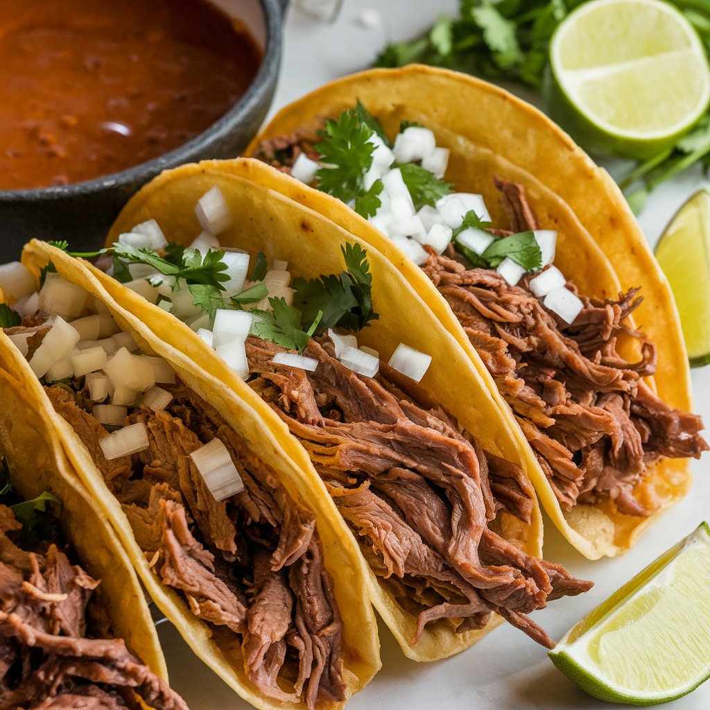 A close-up view of crispy birria tacos filled with tender shredded beef, topped with fresh cilantro and onions, served with lime wedges and a bowl of flavorful consomé for dipping.