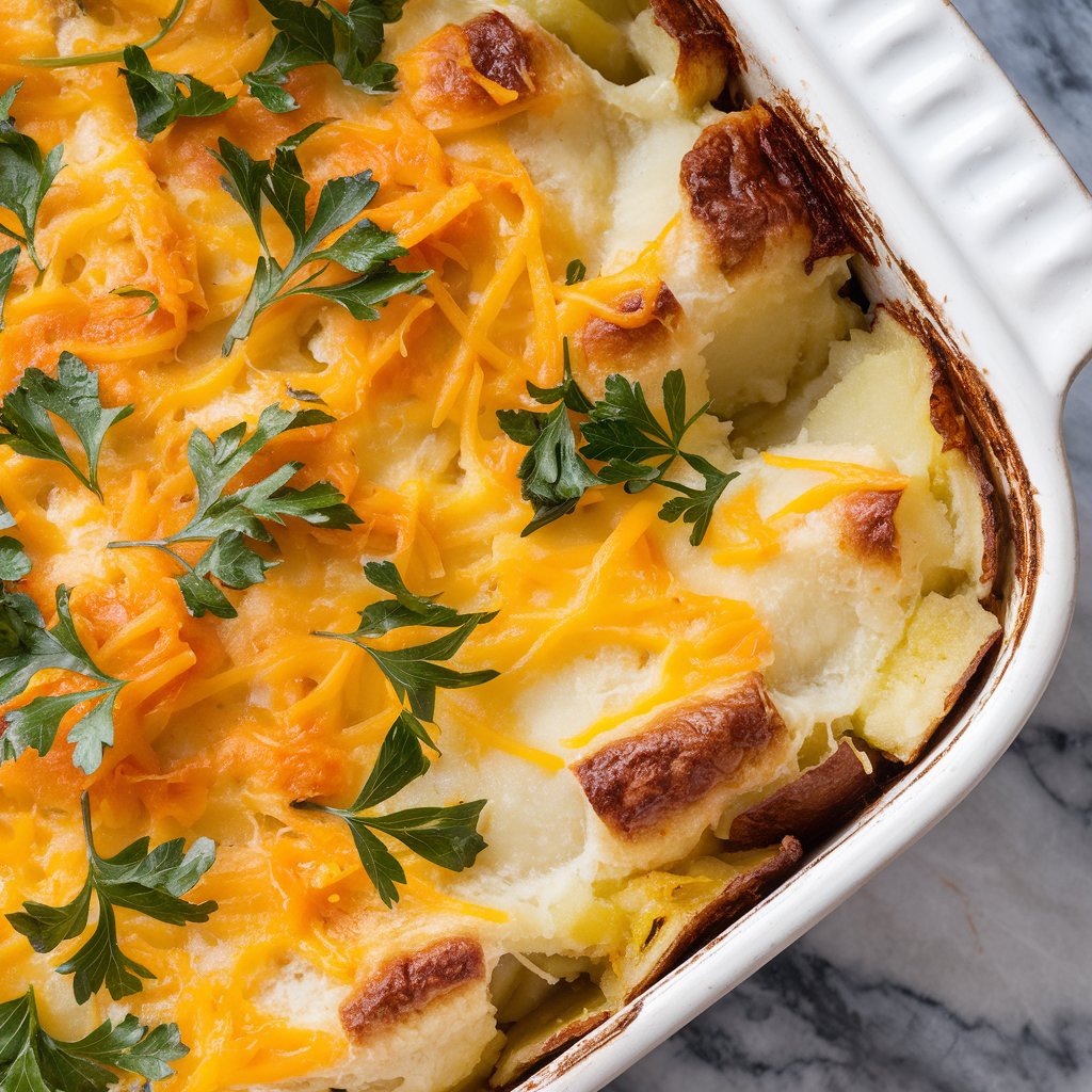 A close-up shot of a golden-brown baked cheesy potatoes recipe casserole in a white dish, topped with melted cheddar and a sprinkle of fresh parsley, resting on a marble countertop.