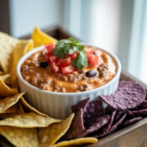 Creamy Rotel cheese dip with ground beef, topped with diced tomatoes and cilantro, served with tortilla chips – perfect for game day or party appetizers