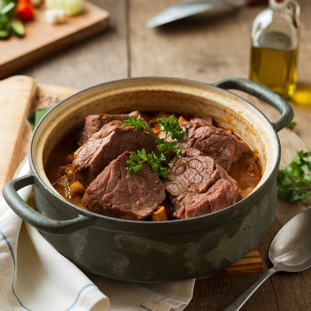 A close-up image of braised beef, highlighting tender, slow-cooked meat with a rich brown crust. The beef is served in a savory sauce, garnished with herbs, and paired with carrots and potatoes. Perfect for a hearty braised beef recipe, the dish showcases a glossy sauce and perfectly cooked vegetables for a comforting, homemade meal.