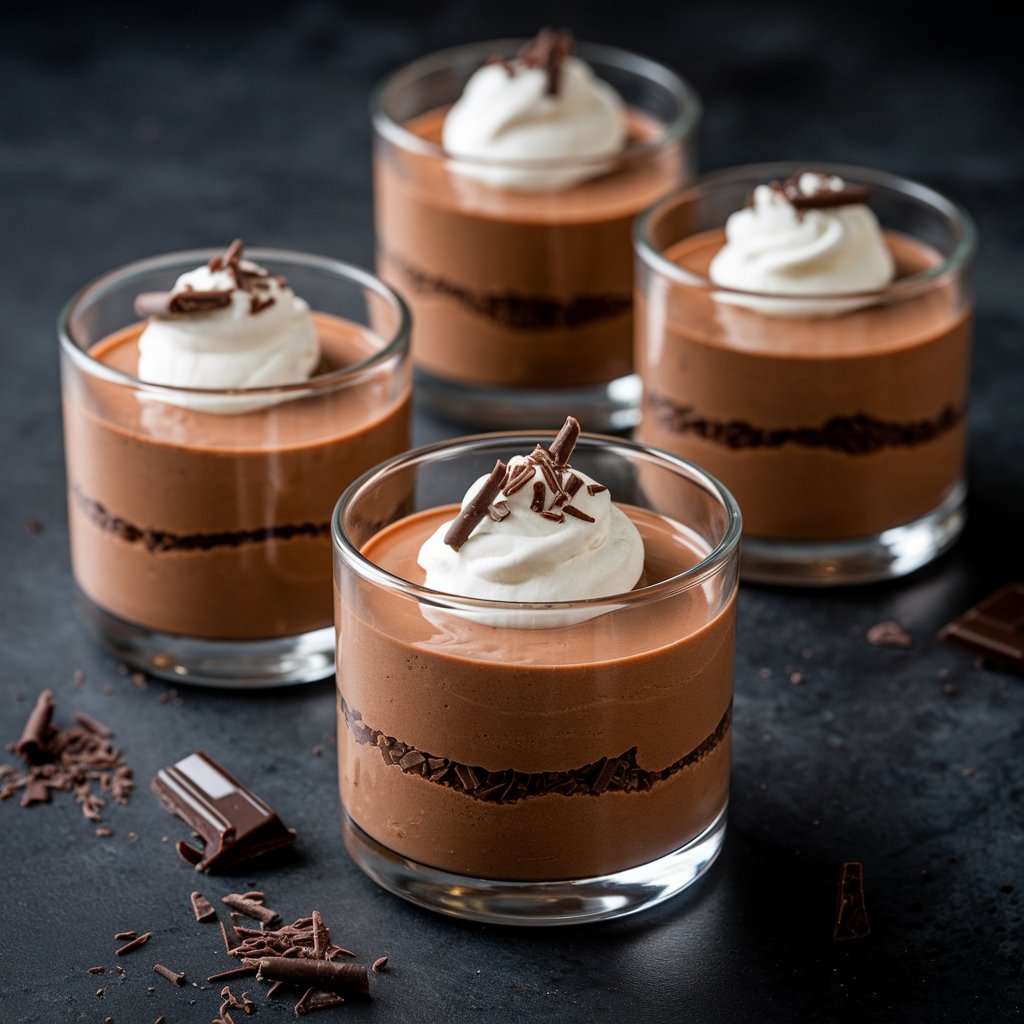 Delicious chocolate mousse topped with whipped cream and chocolate shavings, served in elegant glass cups. This chocolate mousse recipe is perfect for a rich and indulgent dessert, offering a creamy, smooth texture that's ideal for any occasion