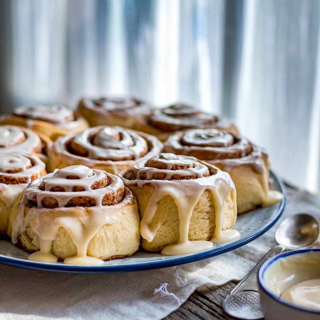 Close-up of a warm cinnamon roll drizzled with rich, creamy icing, showcasing a homemade cinnamon roll icing recipe for a perfect sweet treat.