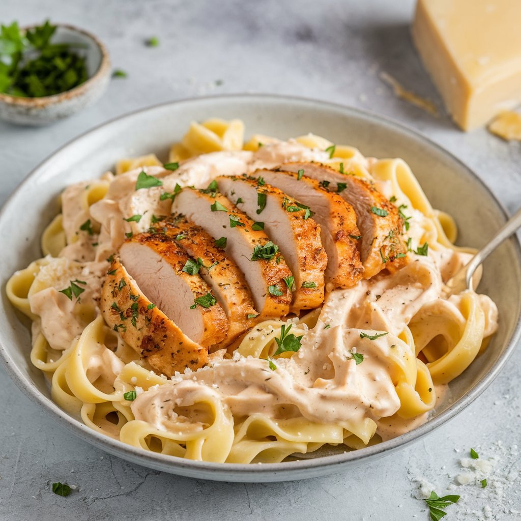 A plate of creamy chicken Alfredo pasta topped with slices of tender chicken and garnished with parsley, served with fettuccine noodles.