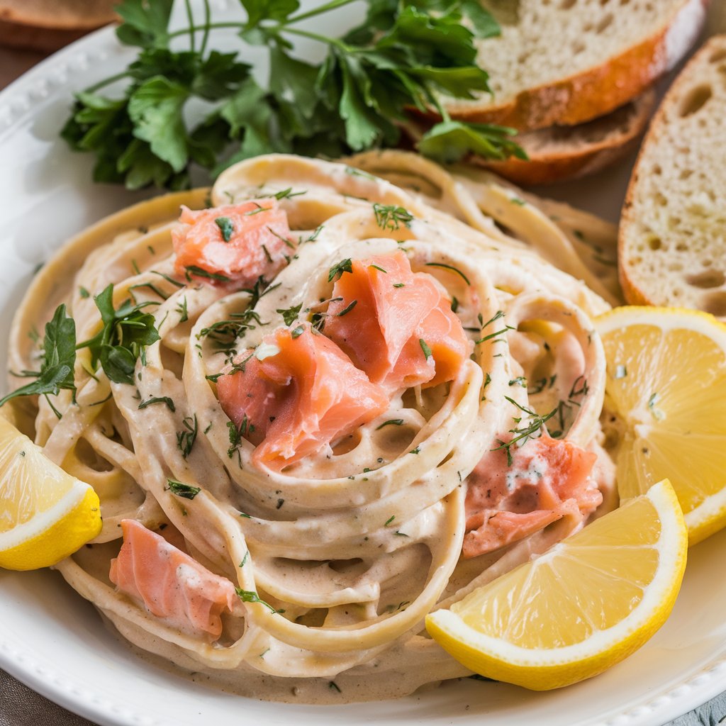 Plate of smoked salmon pasta topped with a creamy lemon sauce, garnished with fresh parsley and lemon slices, served alongside crusty bread. A delicious and vibrant dinner option that looks both rich and inviting.