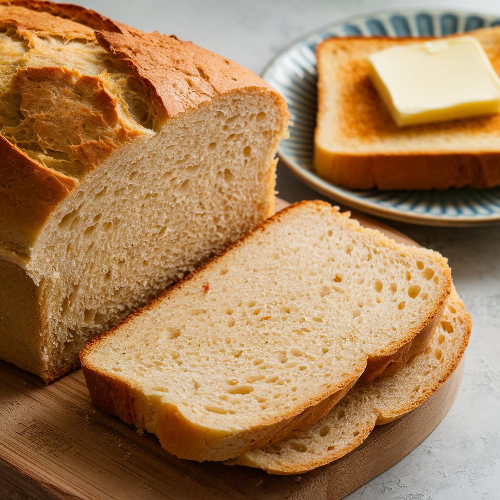 Homemade sandwich bread loaf with golden crust and soft interior, sliced on a cutting board, with a toasted slice topped with butter on a nearby plate.