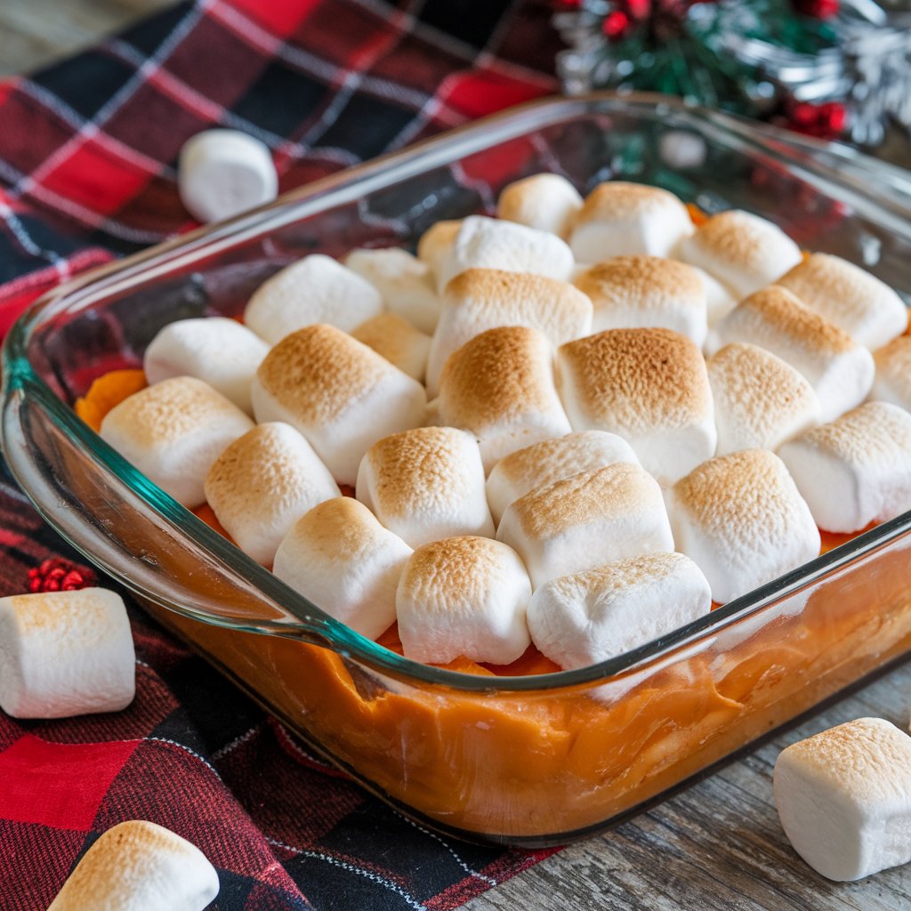 A glass dish of candied yams topped with toasted marshmallows, showcasing a deliciously caramelized layer, perfect for a classic candied yams recipe. The dish is set on a cozy, festive background, making it an ideal side for holiday meals.