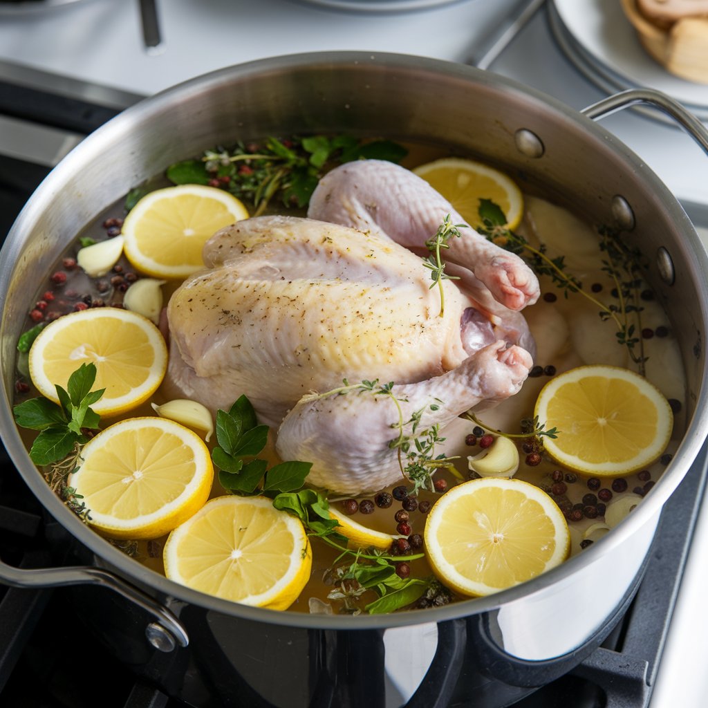 flavorful chicken with this easy chicken brine recipe, using simple ingredients like lemon, thyme, and peppercorns.