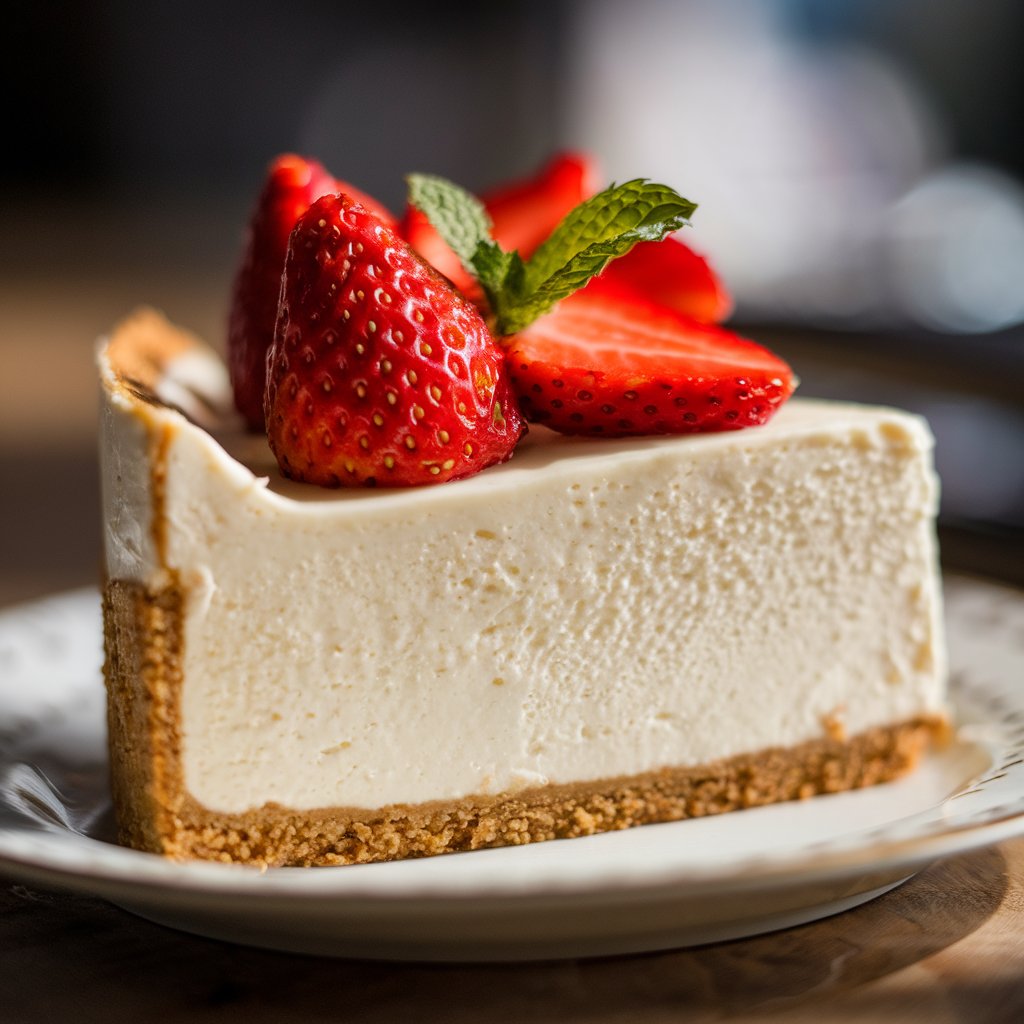 Philadelphia-style cheesecake slice with a graham cracker crust, topped with fresh strawberries and mint, served on a white plate. Perfect for showcasing a classic Philadelphia cheesecake dessert.