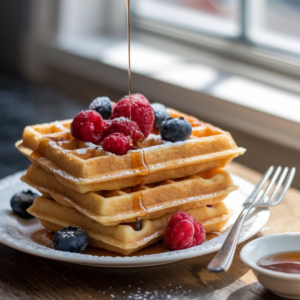 Stack of golden vegan waffles topped with fresh berries and maple syrup, showcasing a delicious vegan waffle recipe perfect for breakfast