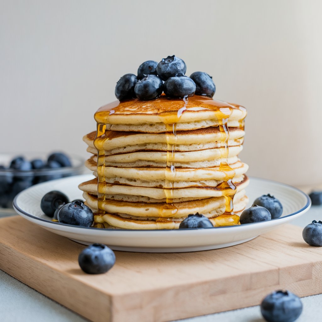 A stack of golden, fluffy pancakes made from a protein pancakes recipe, topped with fresh blueberries and syrup, served on a white plate.