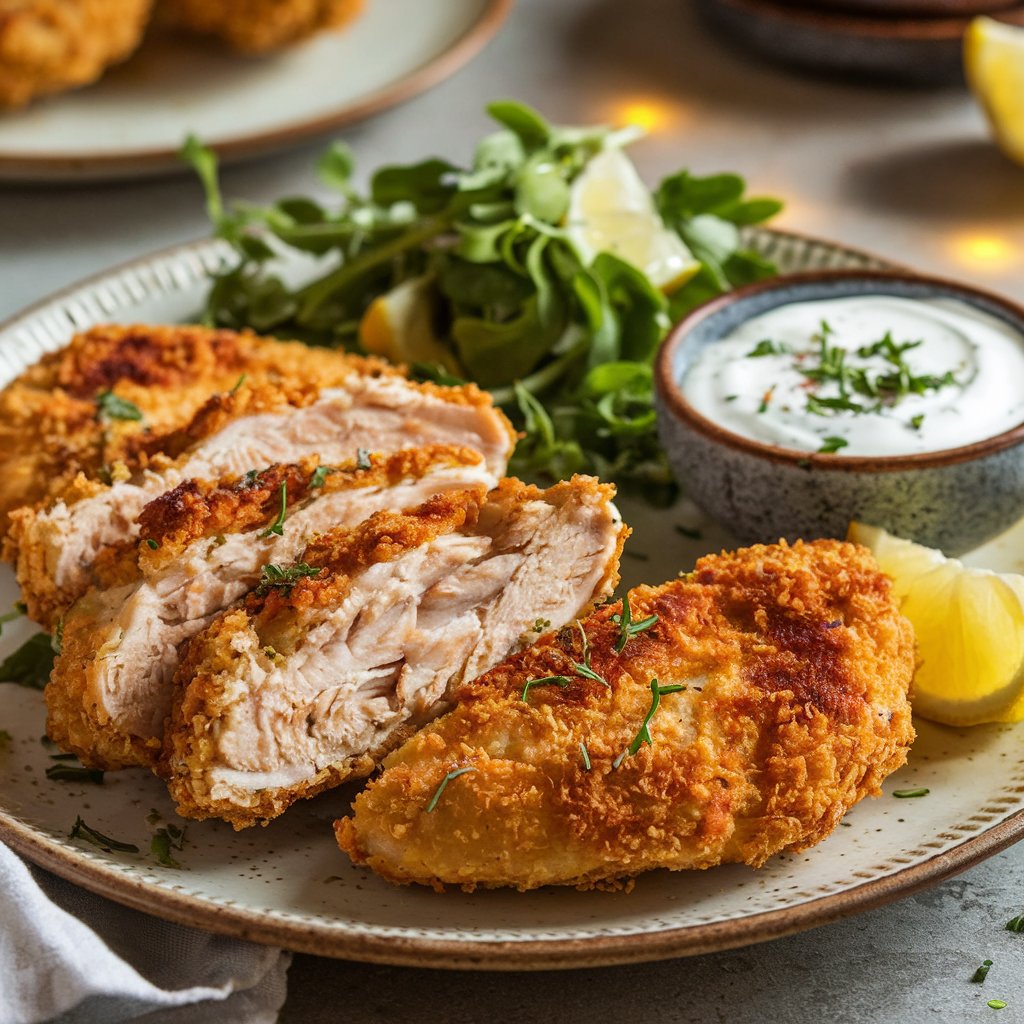 A plate of golden, crispy chicken cutlets served with a yogurt dipping sauce, fresh green salad, and lemon wedges. The meal is presented in a casual kitchen setting.