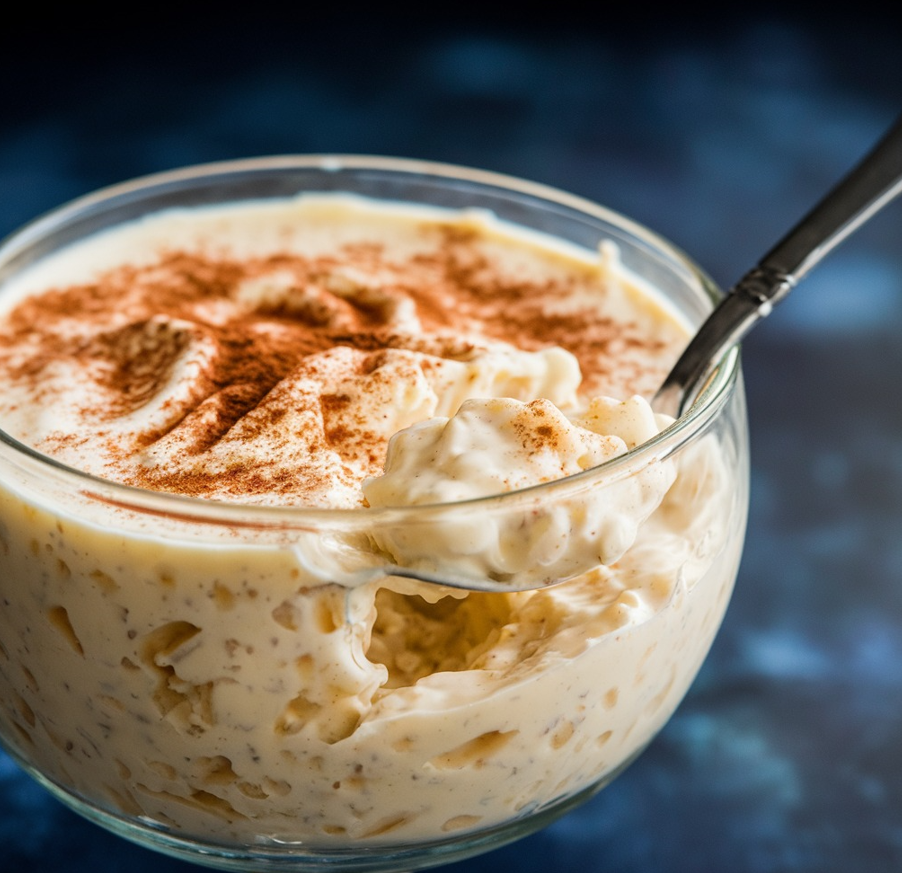 "Close-up of a creamy rice pudding in a glass bowl, sprinkled with cinnamon on top, with a spoon dipped into the smooth, rich texture.