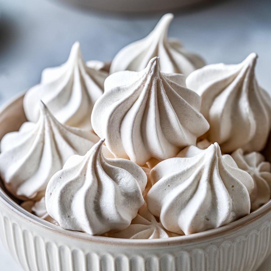 Close-up of fluffy, glossy meringue peaks in a bowl, showcasing the perfect texture for a Meringue Recipe.