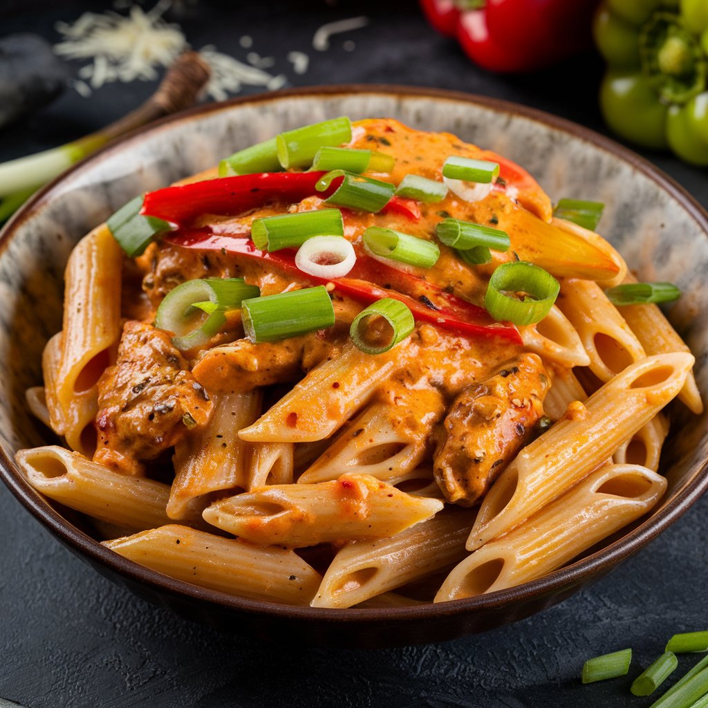 Rasta Pasta recipe with penne, creamy Caribbean sauce, bell peppers, green onions, and chicken, served in a rustic bowl.