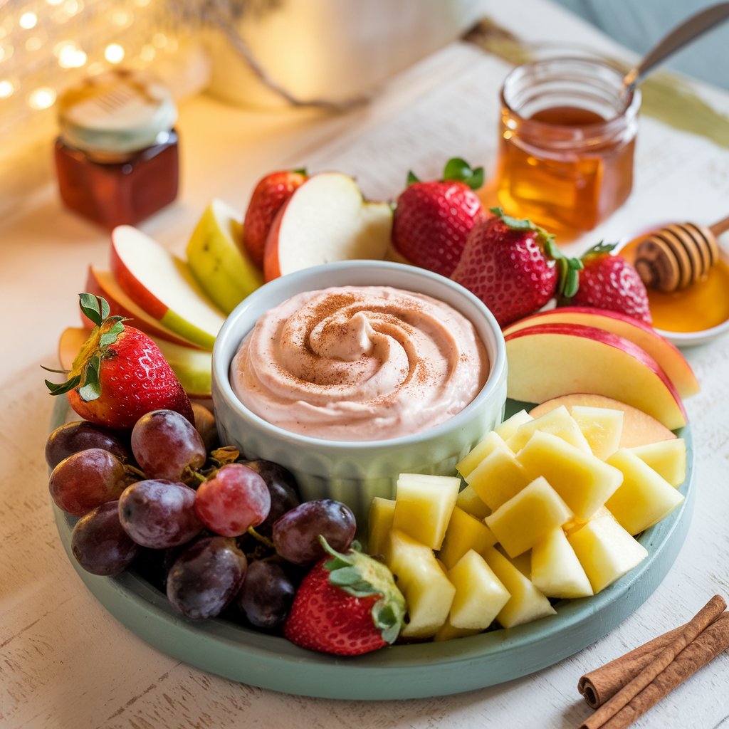 Creamy fruit dip in a bowl surrounded by fresh fruit like strawberries, apples, and grapes, showcasing a delicious Fruit Dip Recipe.