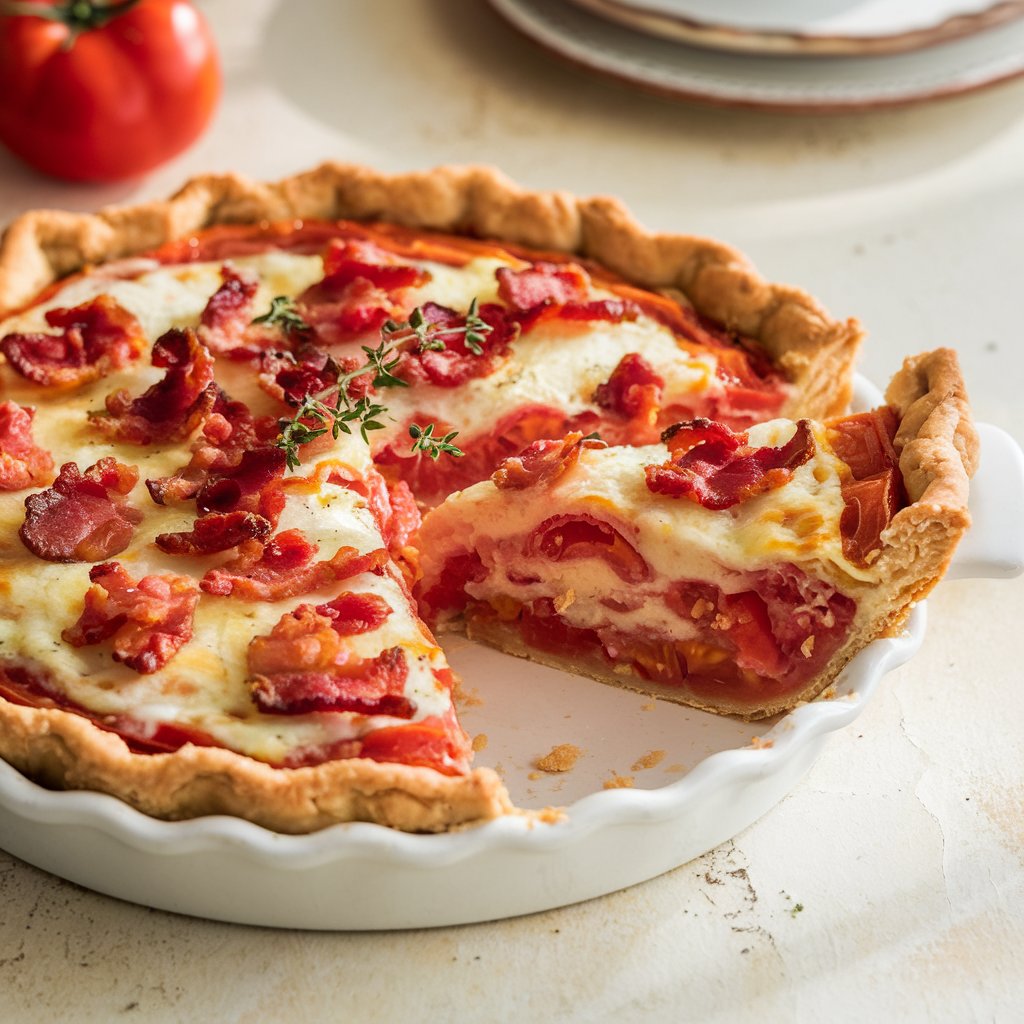 Tomato Pie Recipe with a flaky, golden crust filled with layers of fresh tomatoes, melted cheese, and topped with crispy bacon and thyme for garnish