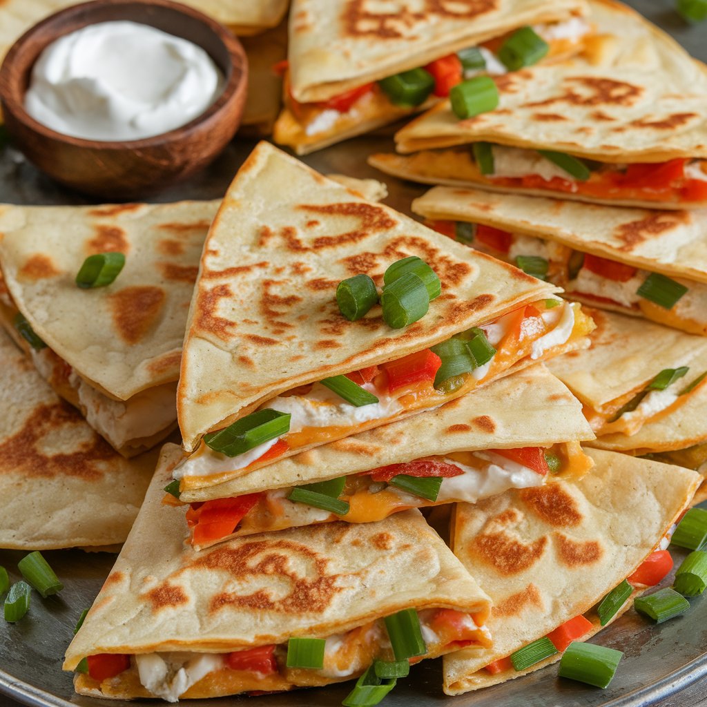 Close-up of a chicken quesadilla recipe on a wooden board, featuring crispy, golden tortillas filled with melted cheese, bell peppers, and seasoned chicken. Garnished with fresh cilantro and served with bowls of guacamole and salsa for dipping.