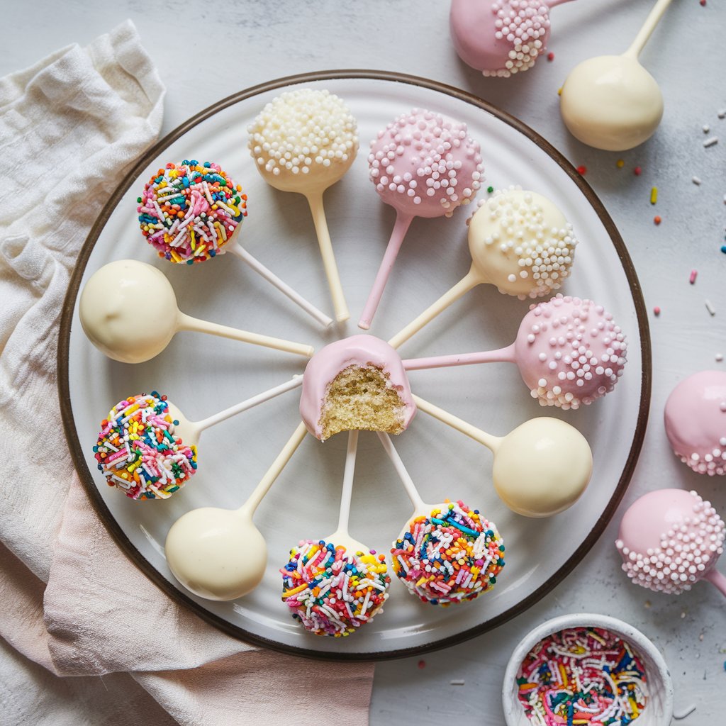 Assorted cake pops on a plate, decorated with sprinkles and pastel-colored coatings, made from a classic Cake Pop Recipe.