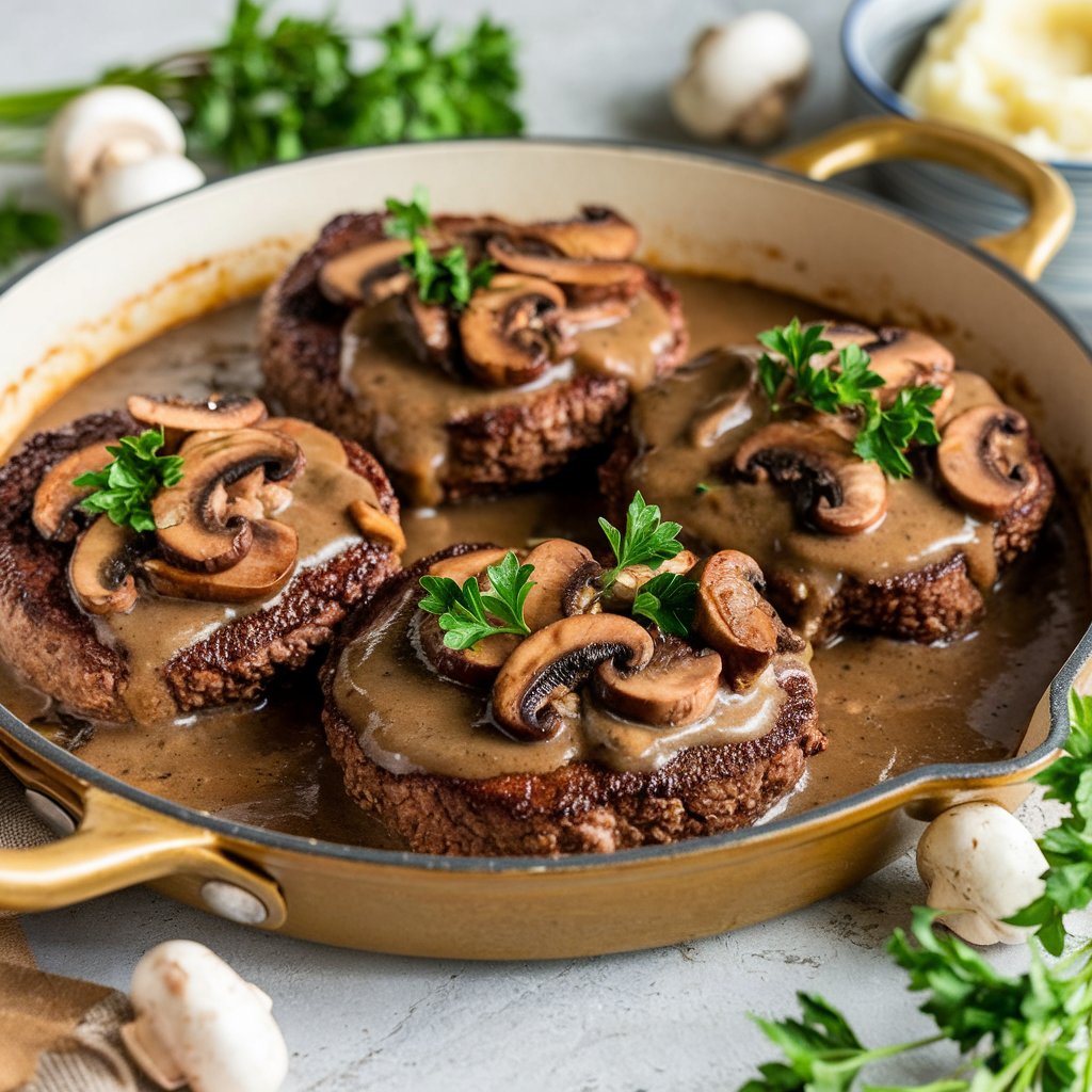 Salisbury steak recipe with beef patties in mushroom gravy, garnished with parsley in a white skillet.