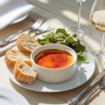 Close-up of a perfectly caramelized crab brulee in a white ramekin with a golden crispy crust, garnished with chives, paprika, and parsley. The dish is placed on a rustic wooden table with silverware, a linen napkin, and a glass of white wine, featuring warm natural light and a cozy dining background. Perfect crab brulee recipe for elegant seafood appetizers