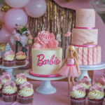 A Barbie-themed dessert table featuring a one-layer cake with 'Barbie' written in pink, a multi-layered cake with intricate fondant details, and cupcakes decorated with buttercream swirls and fondant bows. A Barbie doll stands next to the cakes, surrounded by pastel balloons and festive party decorations.