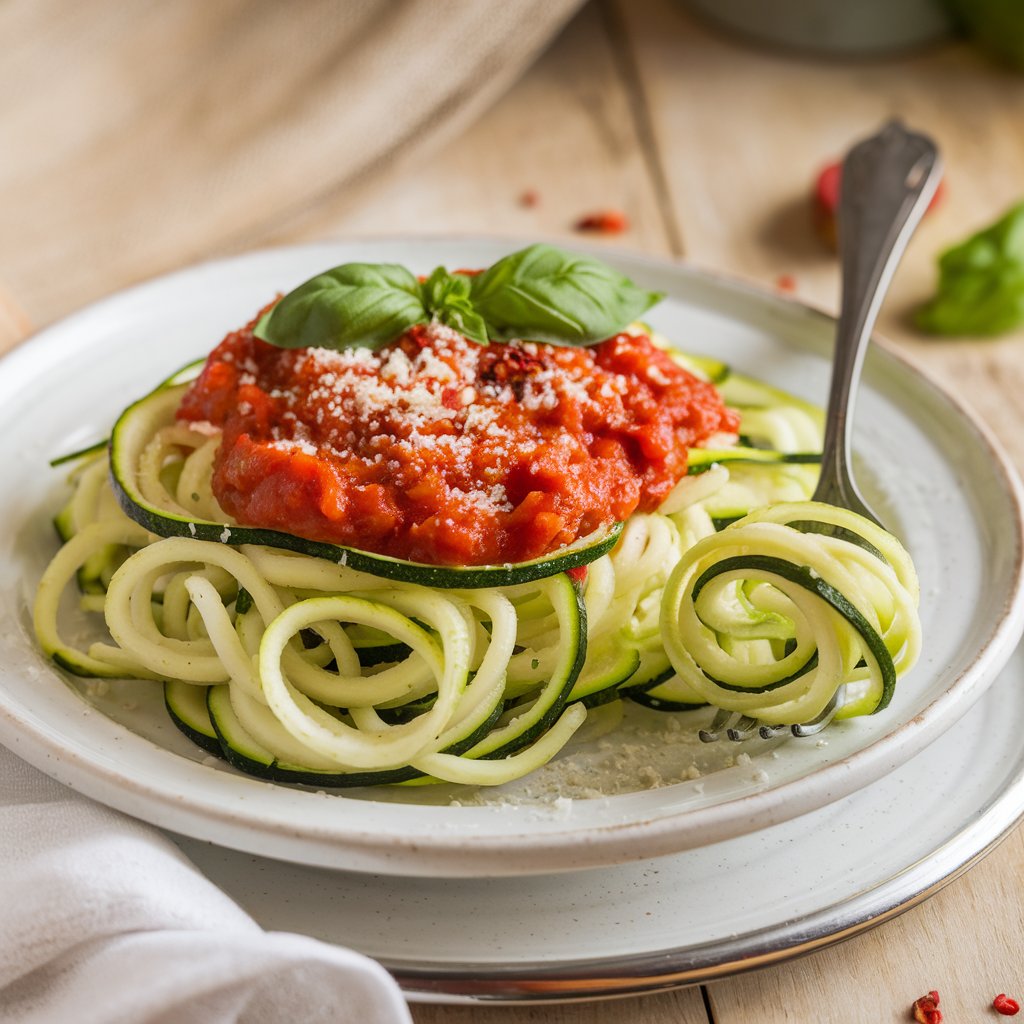 A close-up of a plate of zucchini pasta recipe garnished with fresh herbs, drizzled with olive oil, and topped with grated parmesan. The zucchini noodles are perfectly spiralized, offering a healthy and light alternative to traditional pasta. A sprinkle of crushed red pepper flakes adds a touch of spice, making this dish both visually appealing and delicious.