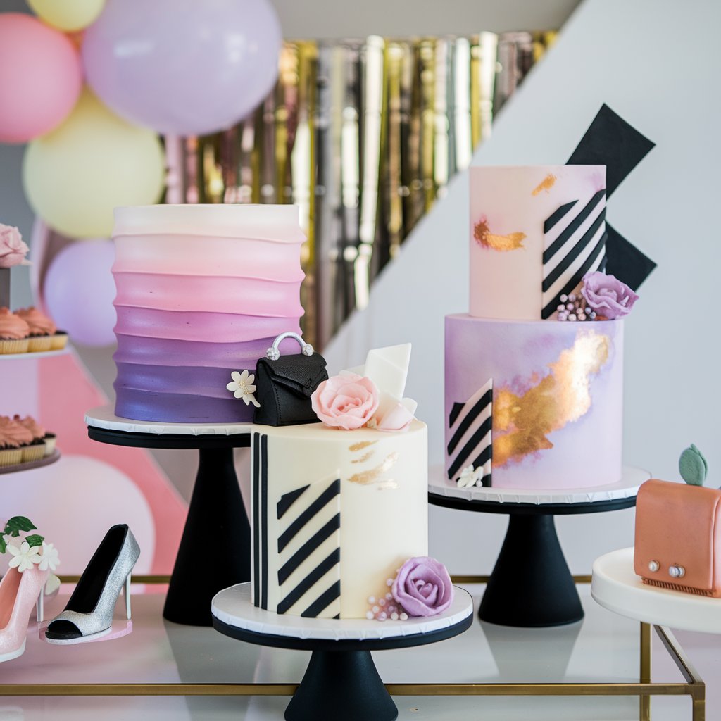 A trendy Barbie cake featuring ombre frosting in shades of pink and purple, complemented by geometric fondant patterns and edible gold accents, accessorized with minimalist props like sugar flowers and metallic toppers, set against a sleek party table.