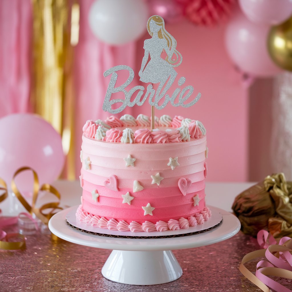 A charming one-layer Barbie cake with a buttercream finish in pastel pink, decorated with rosettes, edible glitter, and sugar pearls, displayed on a white cake stand with a backdrop of pink balloons and a modern party setup.