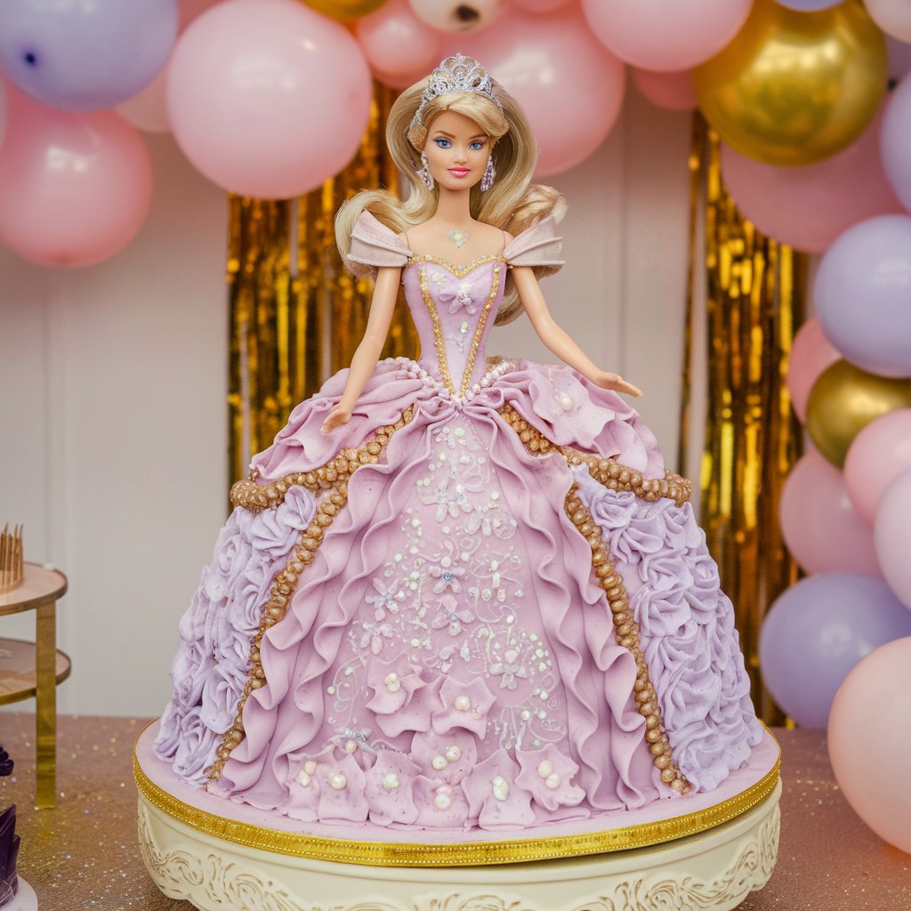 A luxurious Princess Barbie cake showcasing a voluminous fondant gown with intricate floral patterns, shimmering edible glitter, and sugar pearls, surrounded by pastel-colored balloons and gold party streamers for a royal-themed birthday