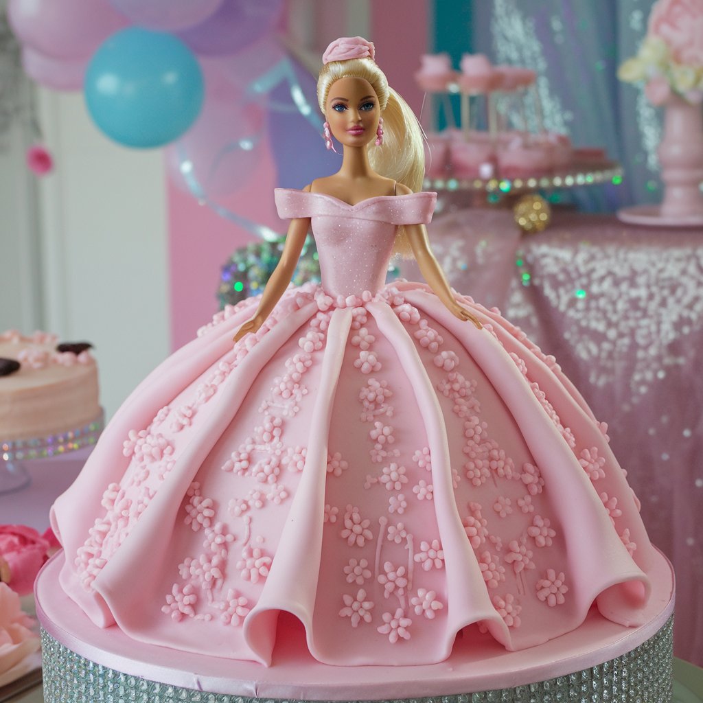 An iconic Barbie doll cake featuring a smooth fondant gown in vibrant pink, adorned with edible glitter and sugar pearls, set on a festive table with pastel balloons and gold accents, perfect for a classic birthday celebration