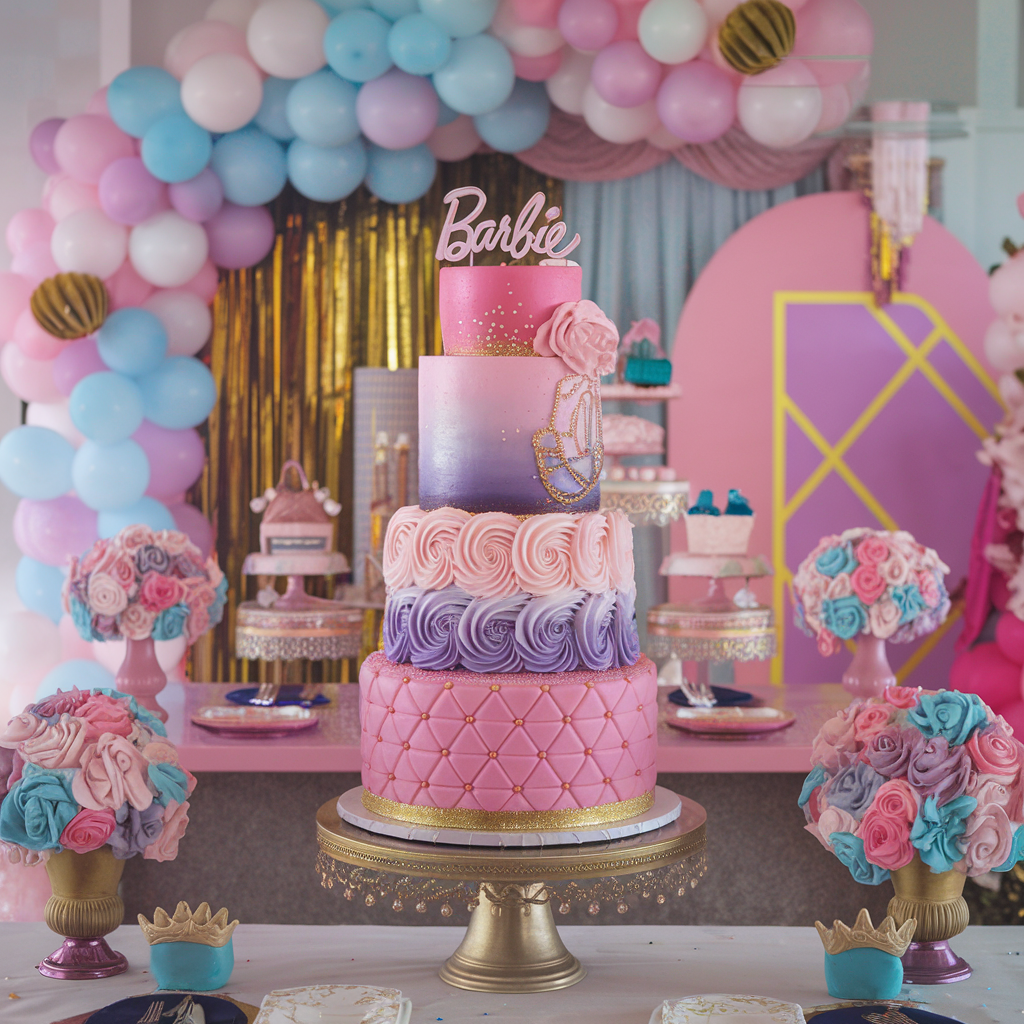 A multi-tiered Barbie-themed cake with each tier showcasing unique designs: a pink and gold base, an ombre middle layer, and a top layer with elegant fondant details and edible decorations, surrounded by balloons, streamers, and a festive table setting.