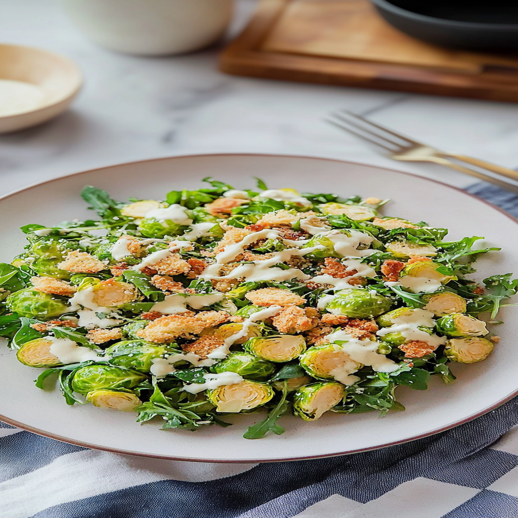 Recipe preparation for Delicious Brussels Sprout Caesar Salad with Crispy Breadcrumbs