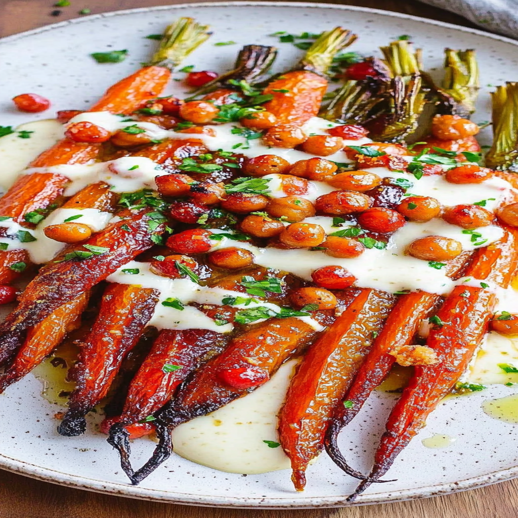 Recipe preparation for Spicy Maple Roast Carrots with Crispy Chickpeas and Yogurt Sauce