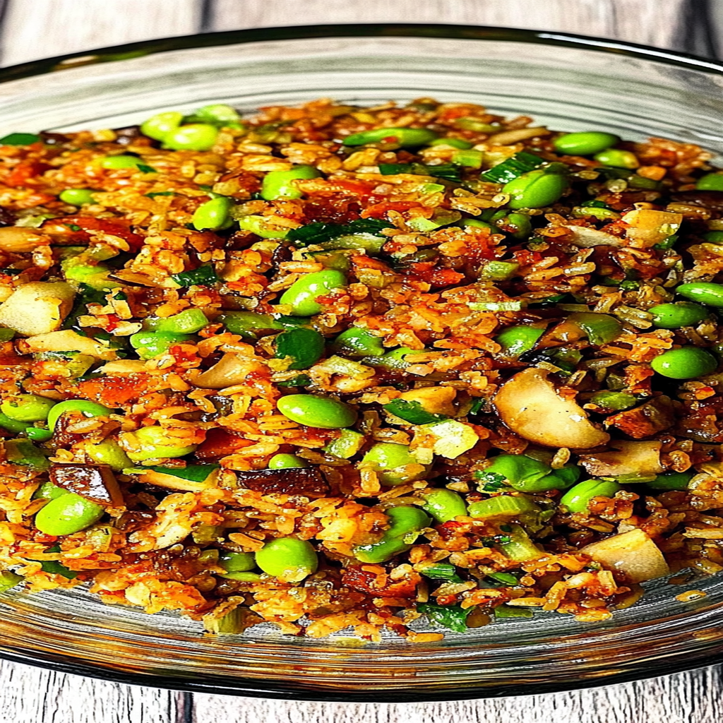 Recipe preparation for Crispy Gochujang Rice Salad with Flavorful Mushrooms and Edamame