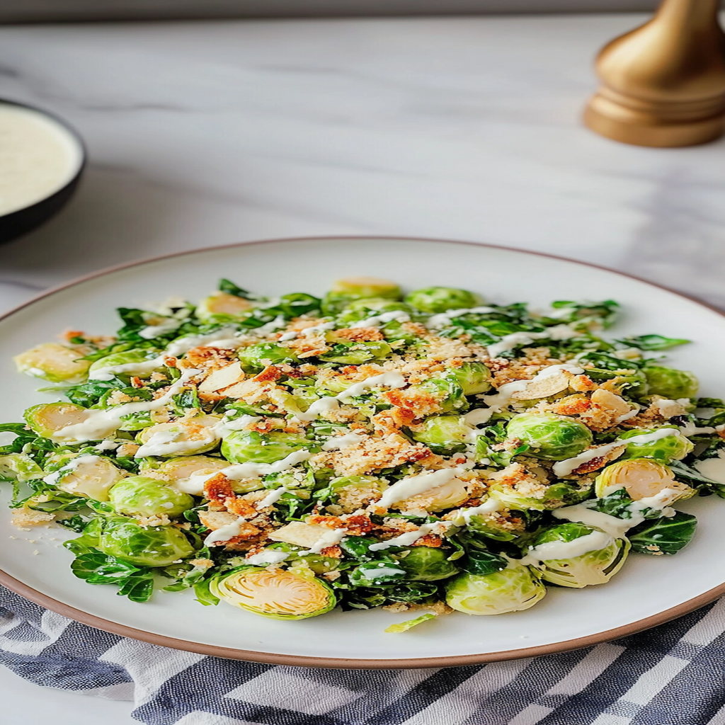 Recipe preparation for Delicious Brussels Sprout Caesar Salad with Crispy Breadcrumbs