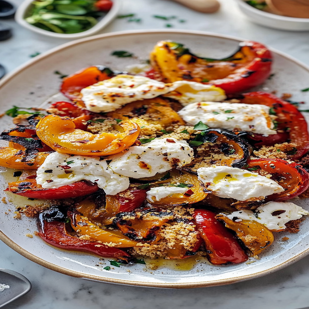 Recipe preparation for Grilled Marinated Peppers with Burrata and Breadcrumbs