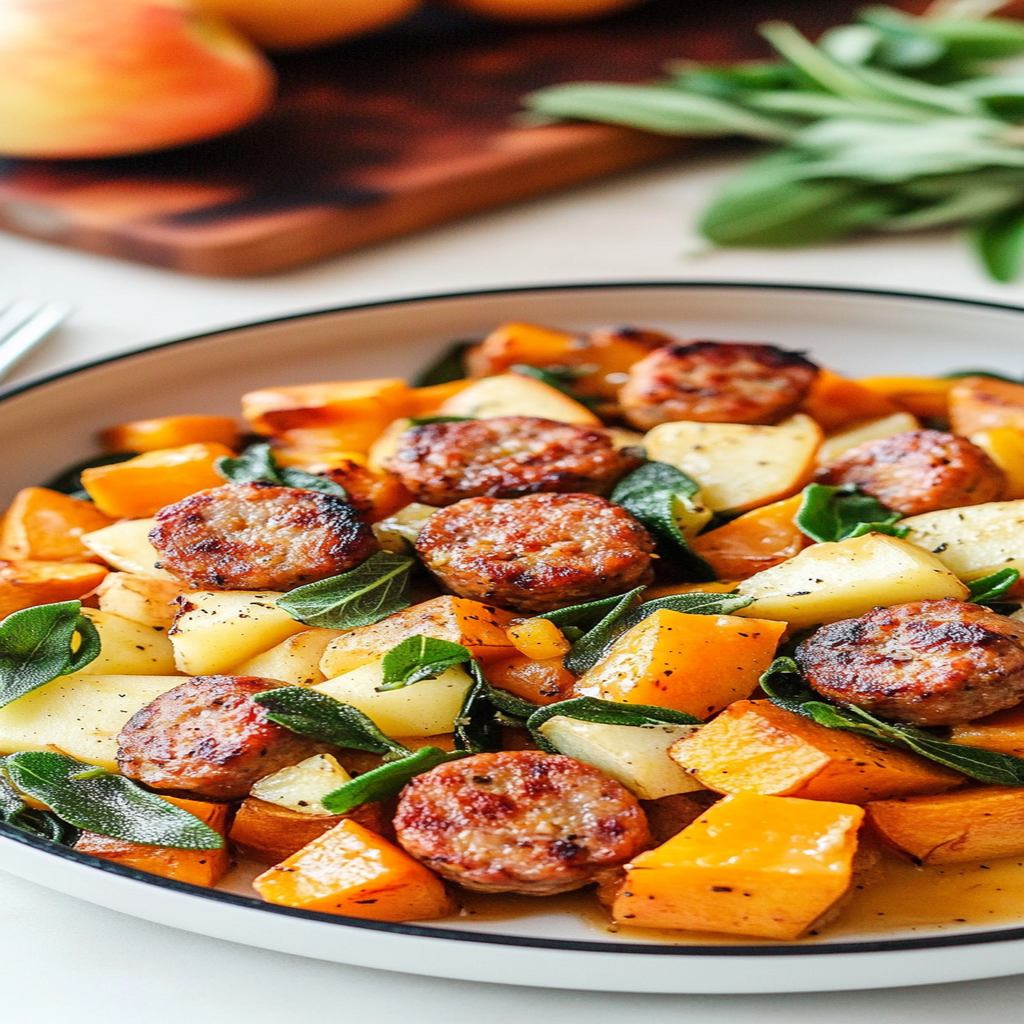 Recipe preparation for Sweet Potato Apple Sausage Bake with Sage