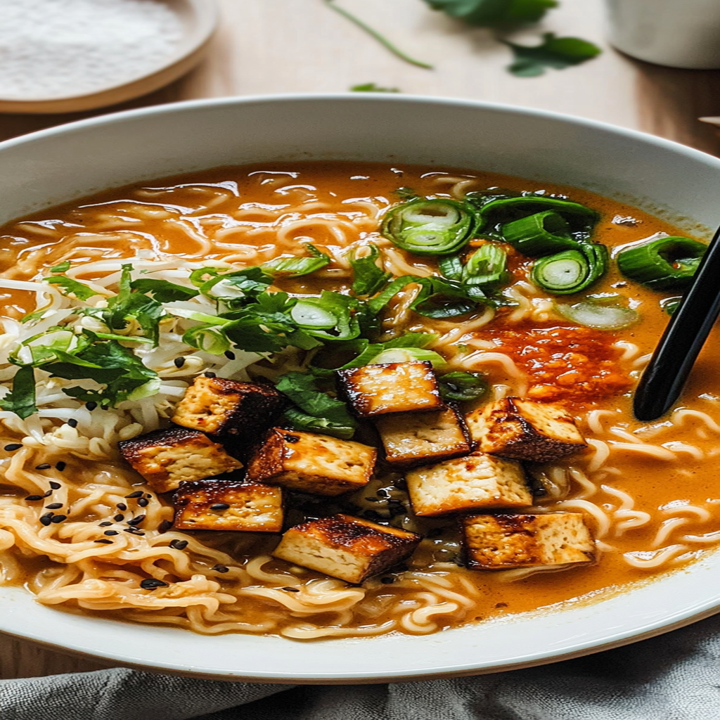 Recipe preparation for 30 minute Spicy Miso Ramen with Crispy Tofu