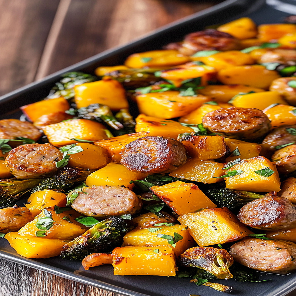 Recipe preparation for Cajun Sausage with Brussels & Butternut Squash