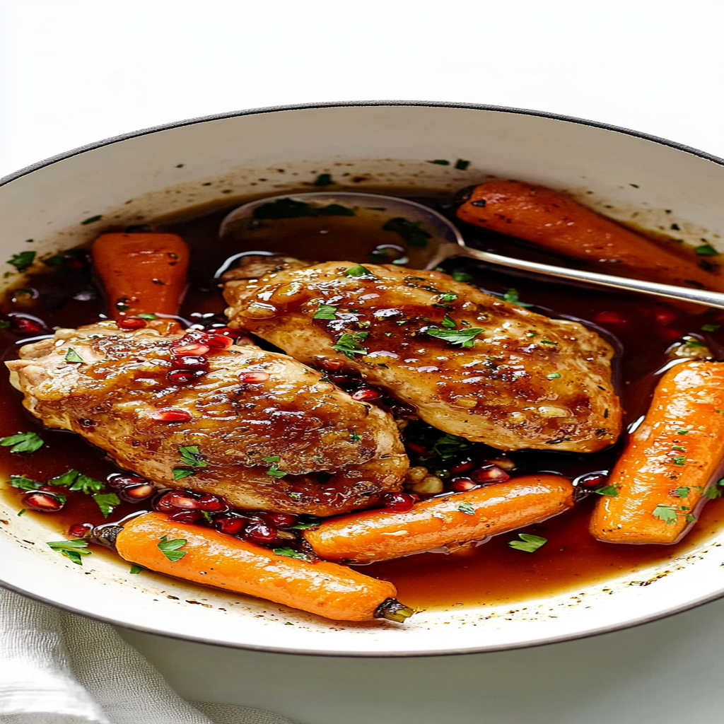 Recipe preparation for Roasted Pomegranate Chicken with Carrots