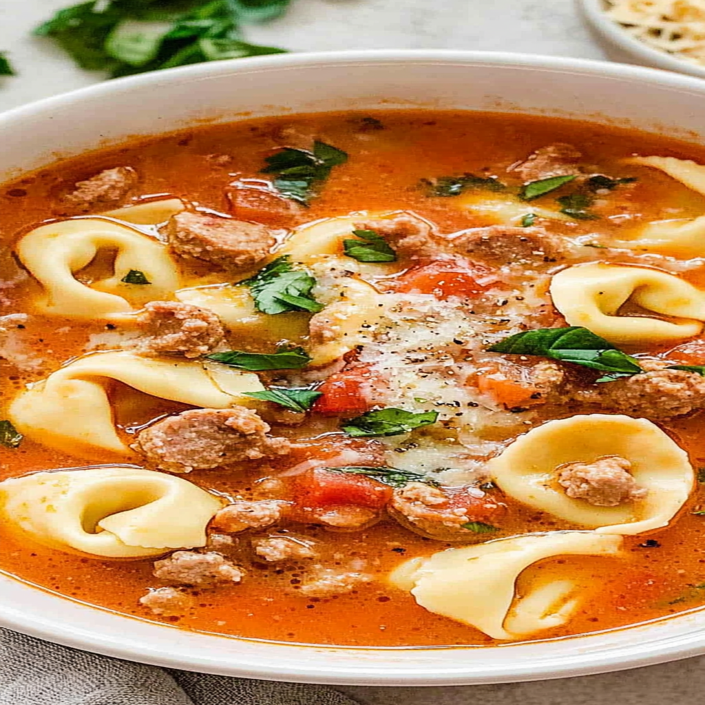Recipe preparation for Italian Sausage & Tortellini Soup