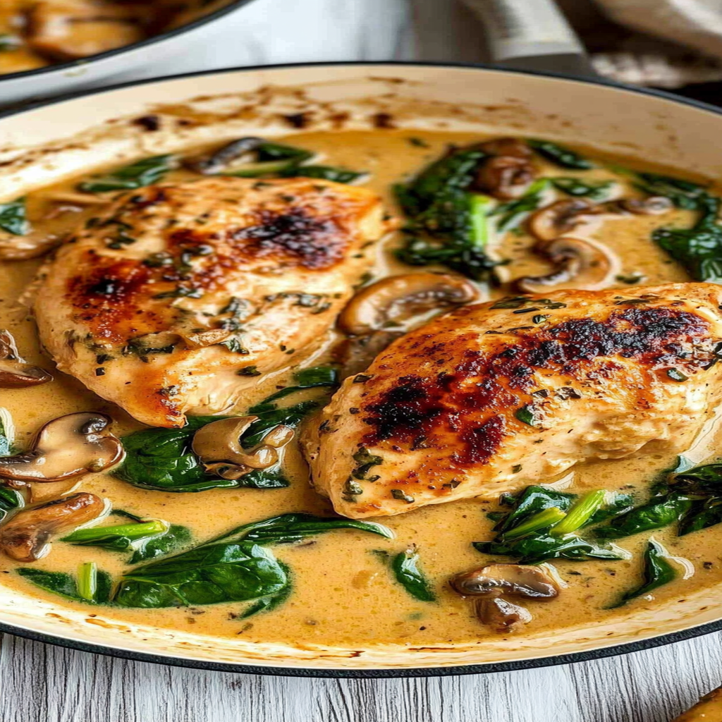 Recipe preparation for creamy tuscan chicken with spinach and mushrooms