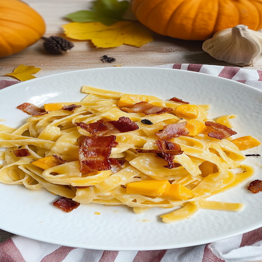 Recipe preparation for pumpkin carbonara pasta with crispy pancetta