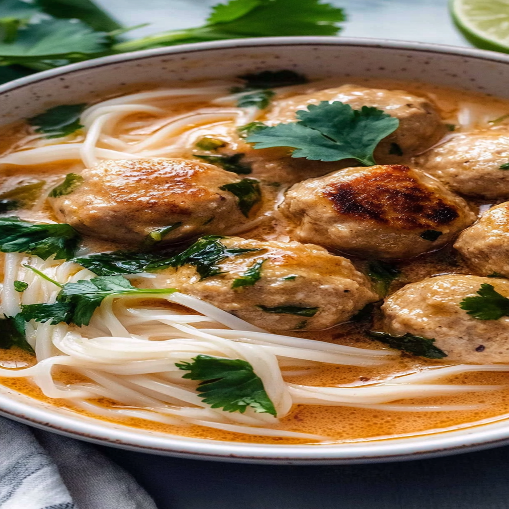 Recipe preparation for thai coconut meatballs with rice noodles
