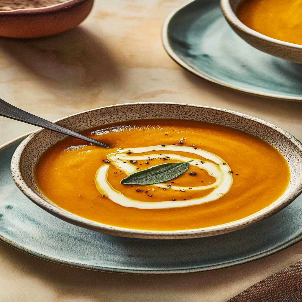 Recipe preparation for pumpkin soup with brown butter and sage