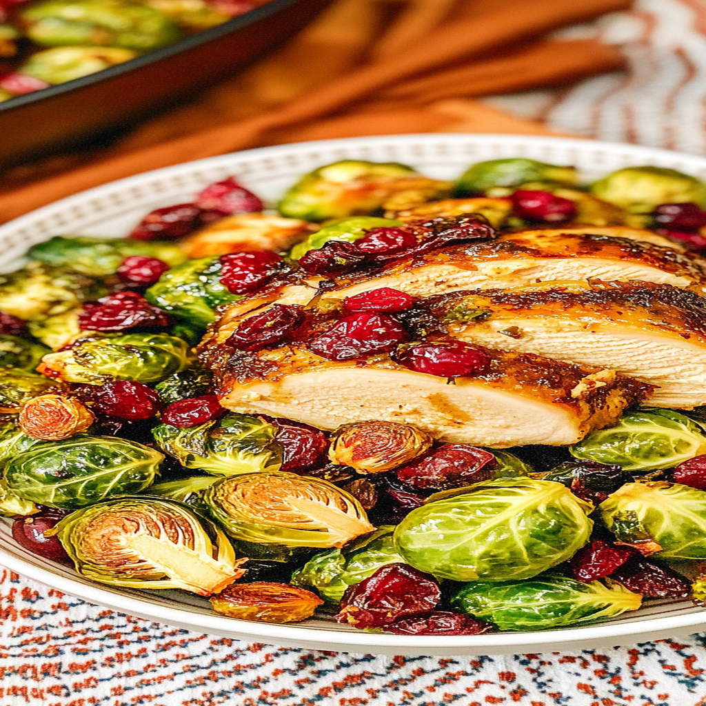 Recipe preparation for Sheet Pan Turkey with Brussels Sprouts and Cranberries