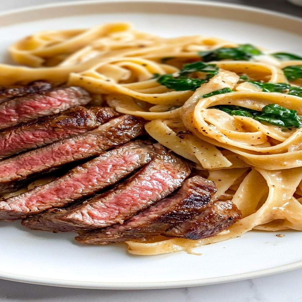 Recipe preparation for Creamy Spicy Garlic Butter Steak and Pasta Recipe