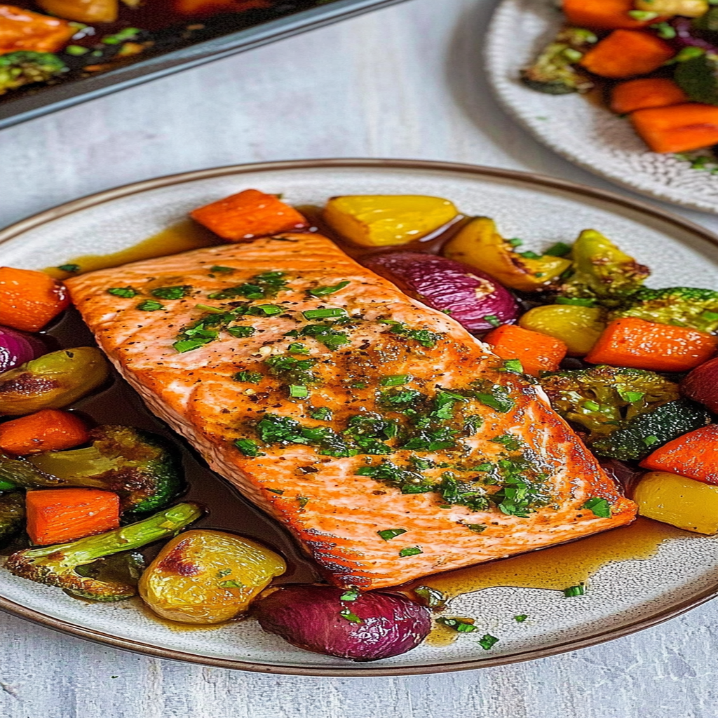Recipe preparation for Sheet Pan Maple Dijon Salmon and Veggies