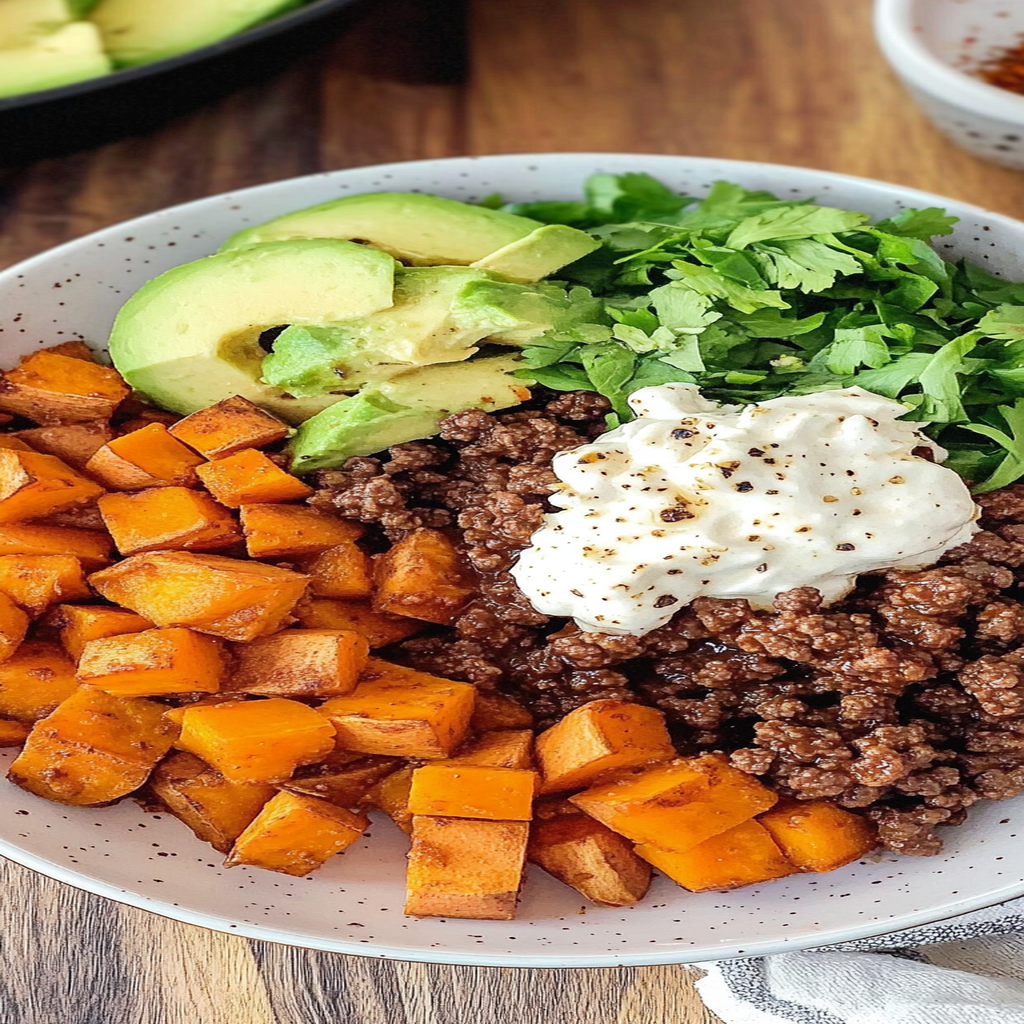 Recipe preparation for Ground Beef Sweet Potato Power Bowl